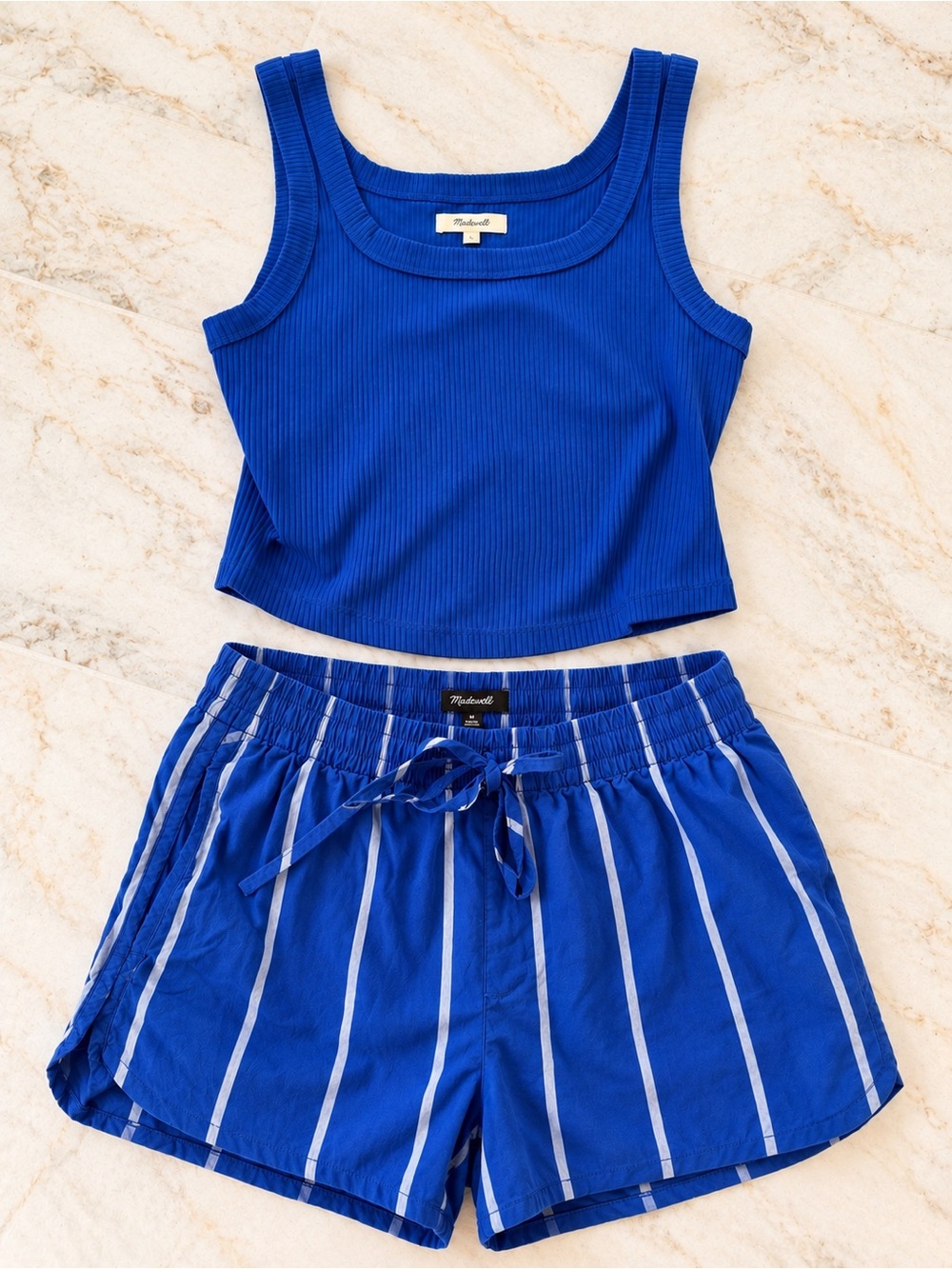 Madewell Royal Blue Ribbed Crop Top & Striped Shorts Set